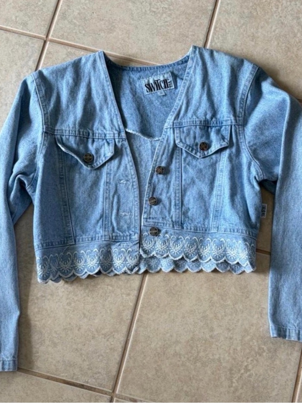 Vintage Light Blue Scalloped Hem Cropped Denim Jacket - Womens Size Small